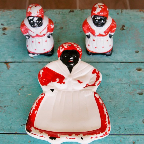 Vintage Porcelain Early Americana Salt & Pepper and Spoon Rest Rare - Picture 9 of 11